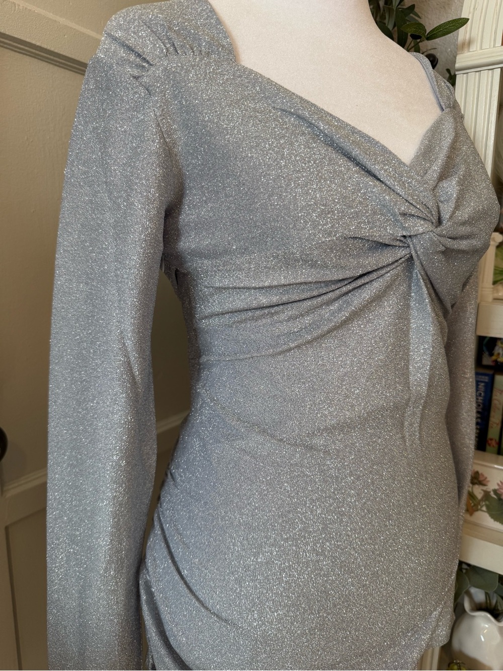 Silver Sparkle Twist-Front Long Sleeve Dress